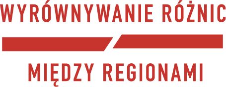 Powiększ zdjęcie: Obraz przedstawia czerwony napis: „Wyrównywanie różnic między regionami”. Między górnym a dolnym tekstem znajdują się dwie czerwone kreski z przerwą pośrodku. Jest to grafika związana z programem wspierającym równe szanse w różnych częściach kraju.