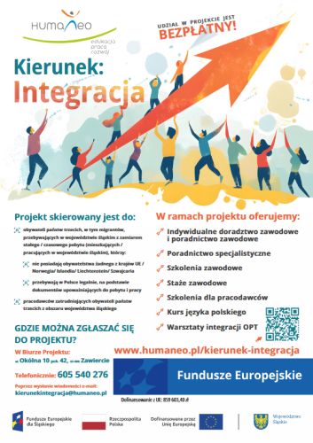 Powiększ zdjęcie: Zdjęcie przedstawia plakat informacyjny projektu. W górnej częsci plakatu znajduje się logo Stowarzyszenia Humaneo, natomiast poniżej znajduje się ilustracja przedstawiająca grupę ludzi wznoszących ramiona do góry, część z nich wspina się do góry po dużej pomarańczowej strzałce, co symbolizuje wzrost umiejętności oraz rozwój. W centralnej części plakatu znajduje się opis adresatów projektu, zakresu oferowanej pomocy oraz informacje dotyczące zapisów do uczestnictwa w projekcie. Na samym dole w stopce plakatu znajdują się kolejno od lewej: logo Fundusze Europejskie dla Śląskiego, flaga Rzeczpospolitej Polski, flaga Unii Europejskiej oraz herb Województwa Śląskiego.