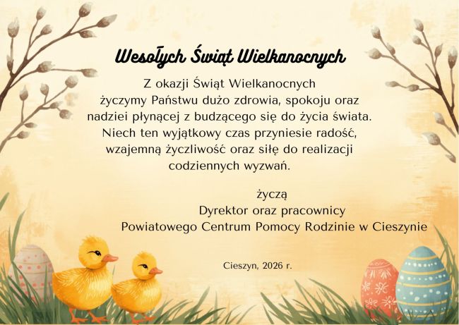 Powiększ zdjęcie: Obraz przedstawia kartkę z życzeniami świątecznymi. W górnej części po lewej i prawej stronie znajduje się ilustracja kwitnących bazi, w dolnej części po lewej stronie znajduje się ilustracja żółtych kurcząt i pisanki w ciemnozielonej trawie, natomiast po prawej stronie znajduje się ilustracja dwóch kolorowych pisanek w ciemnozielonej trawie. W centralnej części kartki znajduje się napisany w języku polskim tekst życzeń świątecznych