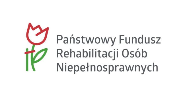 Powiększ zdjęcie: Obraz przedstawia logo Państwowego Funduszu Rehabilitacji Osób Niepełnosprawnych (PFRON). Po lewej stronie znajduje się rysunek czerwonego tulipana z zieloną łodygą i liściem, a po prawej stronie widnieje napis: „Państwowy Fundusz Rehabilitacji Osób Niepełnosprawnych”
